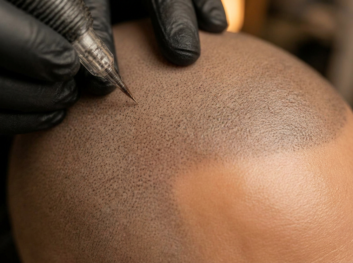 Macro view of scalp micropigmentation procedure